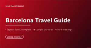 Barcelona travel guide cover: Sagrada Familia complete, €12/night tourist tax, timed-entry caps, verified monthly