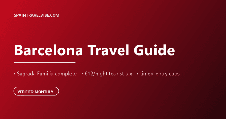 Barcelona travel guide cover: Sagrada Familia complete, €12/night tourist tax, timed-entry caps, verified monthly