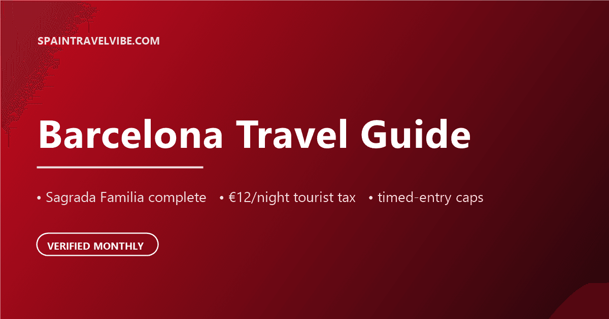 Barcelona travel guide cover: Sagrada Familia complete, €12/night tourist tax, timed-entry caps, verified monthly