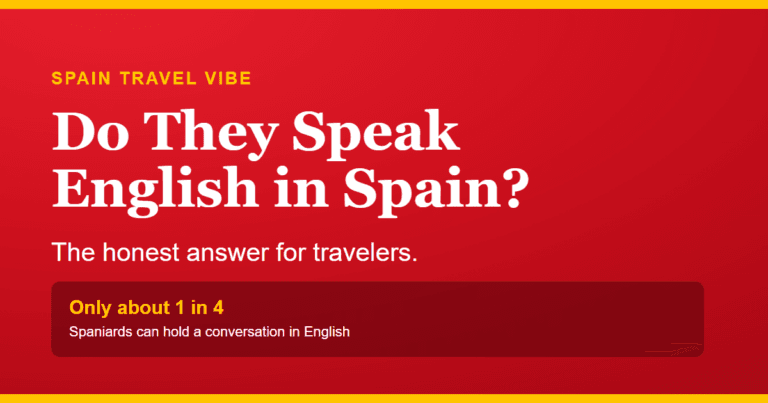 Cover reading Do They Speak English in Spain? The honest answer for travelers, with the stat Only about 1 in 4 Spaniards can hold a conversation in English