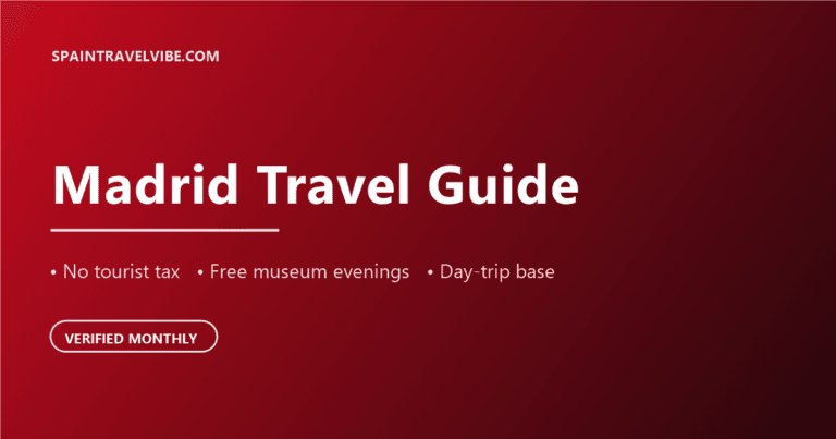 Madrid travel guide cover: no tourist tax, free museum evenings, day-trip base, verified monthly