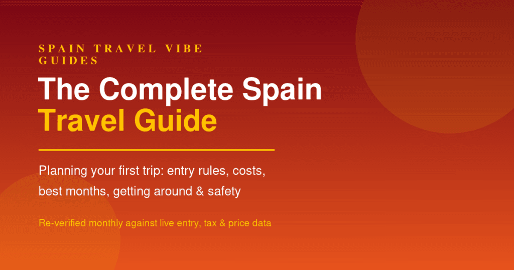 Chart-style cover reading The Complete Spain Travel Guide: planning your first trip, covering entry rules, costs, best months, getting around, and safety