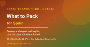 Cover reading What to Pack for Spain: Season and Region Packing List, with the stat 36.4 degrees Celsius in Seville versus 22.9 in San Sebastian in the same month