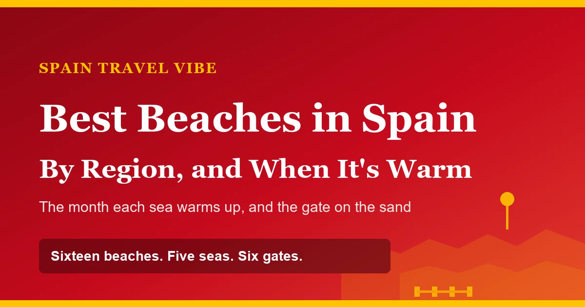 Gold swells, a buoy and a barrier of posts on a red background, the cover for this guide to the best beaches in Spain