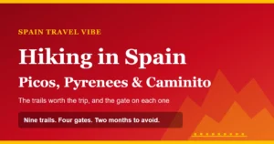 A gold mountain ridge line and a short boardwalk motif against a red background, representing the gorge paths and high routes covered in this guide to hiking in Spain
