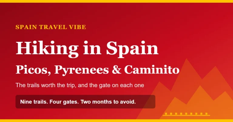 A gold mountain ridge line and a short boardwalk motif against a red background, representing the gorge paths and high routes covered in this guide to hiking in Spain