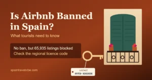 Airbnb ban in Spain cover: a Spanish balcony with a door key and a tourist licence code tag, asking whether Airbnb is banned in Spain
