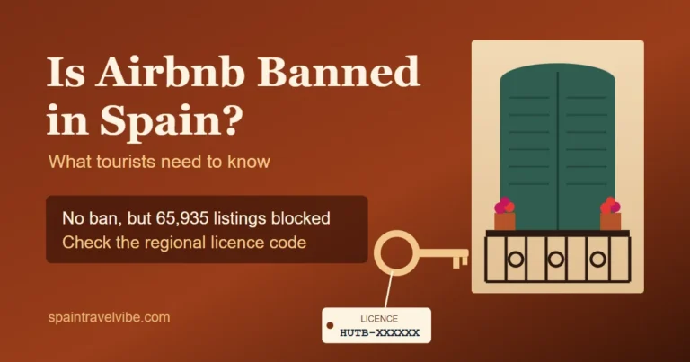 Airbnb ban in Spain cover: a Spanish balcony with a door key and a tourist licence code tag, asking whether Airbnb is banned in Spain