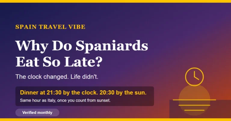 Spanish eating schedule cover: why Spaniards eat so late, dinner at 21:30 by the clock and 20:30 by the sun