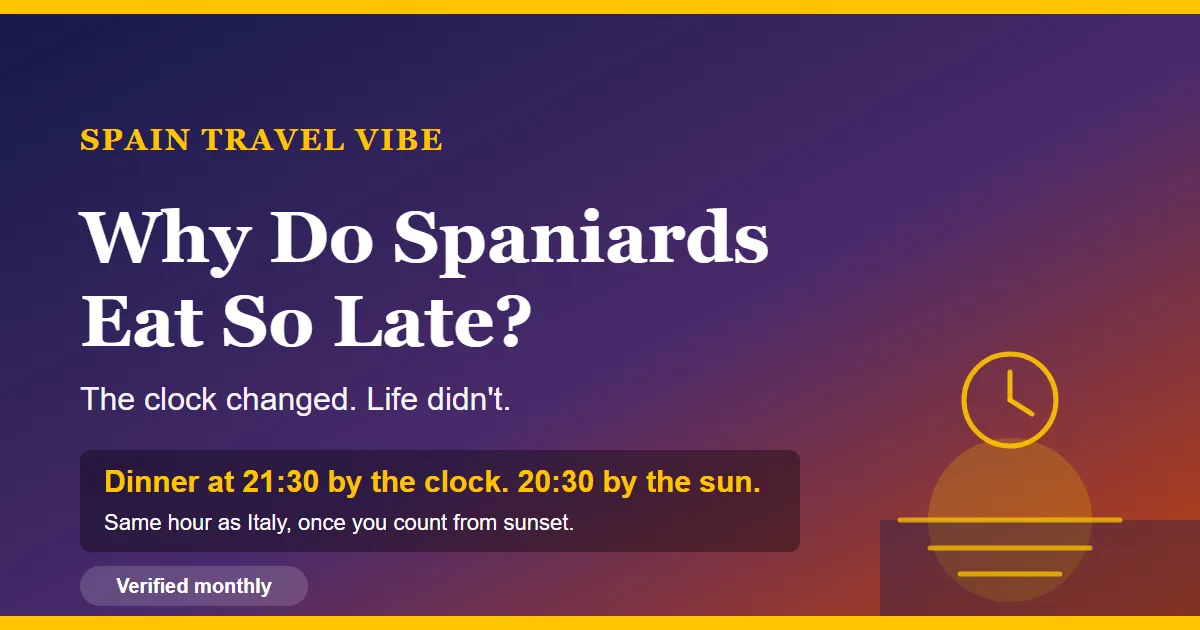 Spanish eating schedule cover: why Spaniards eat so late, dinner at 21:30 by the clock and 20:30 by the sun