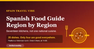 Spanish food guide cover: 25 dishes to try, region by region, with the line that Spain has seventeen kitchens, not one national cuisine