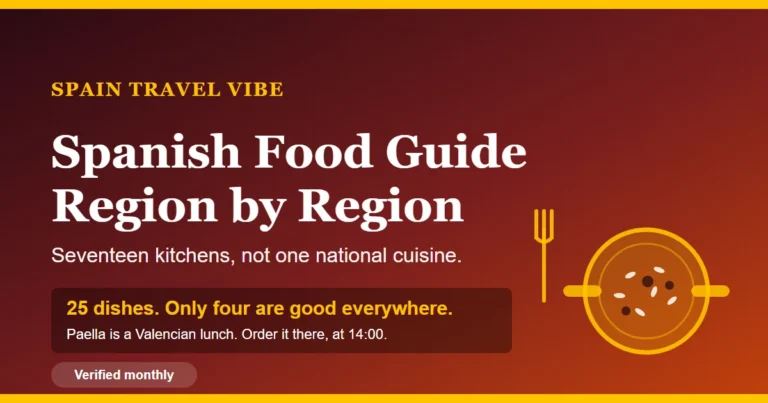 Spanish food guide cover: 25 dishes to try, region by region, with the line that Spain has seventeen kitchens, not one national cuisine