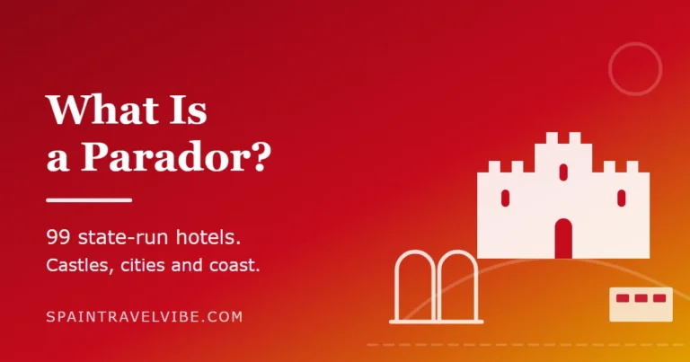 What is a parador cover: a castle silhouette on a hill beside a cloister arch and a coastal building, reading 99 state-run hotels