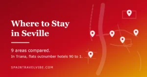Where to stay in Seville cover: a stylised map of the Guadalquivir, the old town and Triana with area pins, reading 9 areas compared