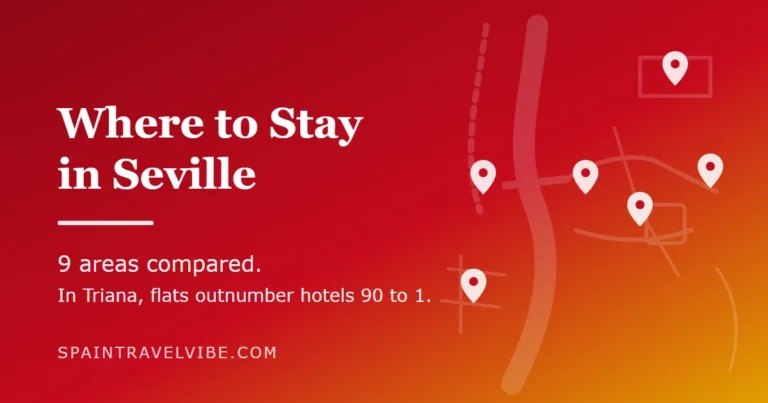 Where to stay in Seville cover: a stylised map of the Guadalquivir, the old town and Triana with area pins, reading 9 areas compared