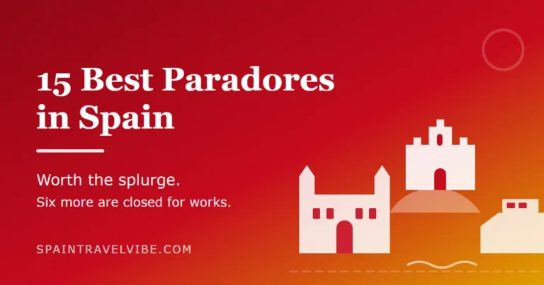 Best paradores in Spain cover: silhouettes of a pilgrim hospital, a hilltop castle and a clifftop hotel, reading 15 best paradores in Spain, worth the splurge