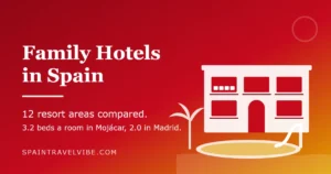 Family hotels in Spain cover: a low-rise resort hotel with a pool and a slide by the sea, reading 12 resort areas compared