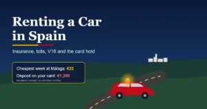 Renting a car in Spain cover: a red hire car with an orange V16 beacon on its roof on a road below a white village, with a stat card showing a 22 euro week and a 1,200 euro card hold