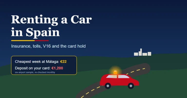 Renting a car in Spain cover: a red hire car with an orange V16 beacon on its roof on a road below a white village, with a stat card showing a 22 euro week and a 1,200 euro card hold
