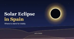 Solar eclipse in Spain cover: a black sun ringed by its corona above the Strait of Gibraltar, with the totality band shaded across southern Andalusia