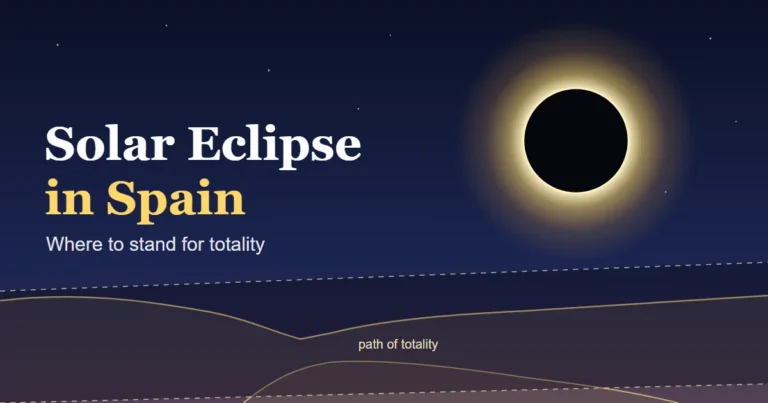 Solar eclipse in Spain cover: a black sun ringed by its corona above the Strait of Gibraltar, with the totality band shaded across southern Andalusia
