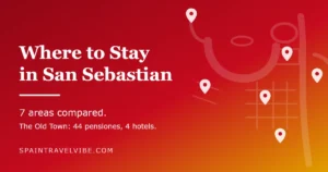 Where to stay in San Sebastian cover: a stylised map of La Concha bay, the Old Town and the river with area pins, reading 7 areas compared