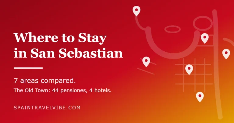 Where to stay in San Sebastian cover: a stylised map of La Concha bay, the Old Town and the river with area pins, reading 7 areas compared
